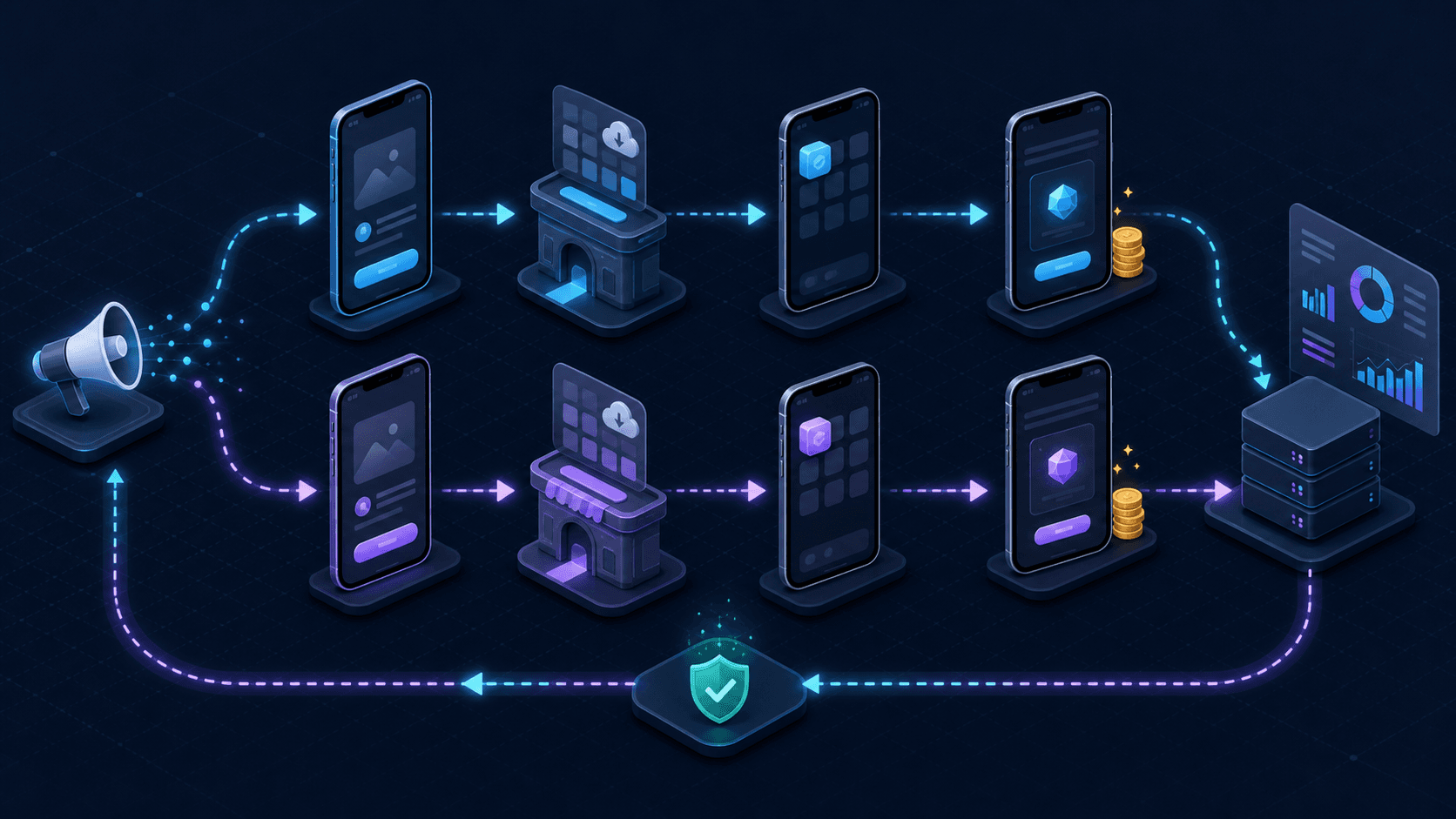 Two mobile platform paths completing install and purchase before a verified postback loop
