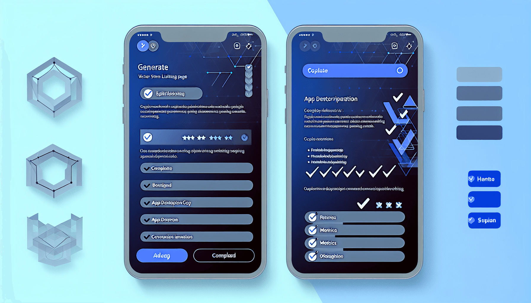 App store listing optimization interface showing editable app description copy with conversion metrics and performance data visualization in modern flat design