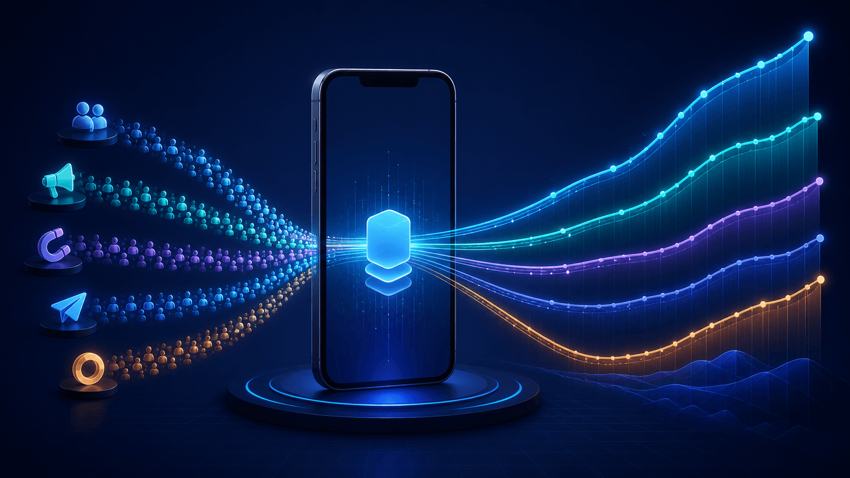 Install cohorts flowing through retention and revenue curves