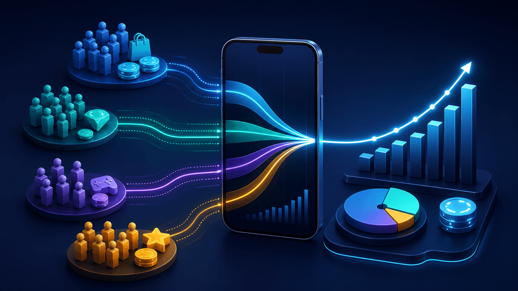Paying-user cohorts flowing into an app revenue dashboard
