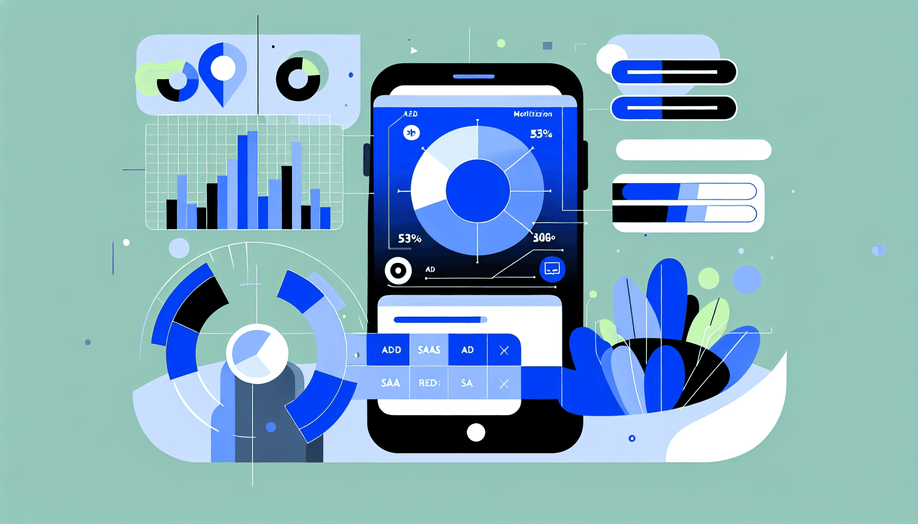 Mobile app monetization dashboard showing AVOD analytics, revenue metrics, and ad performance data in a clean, minimal flat design