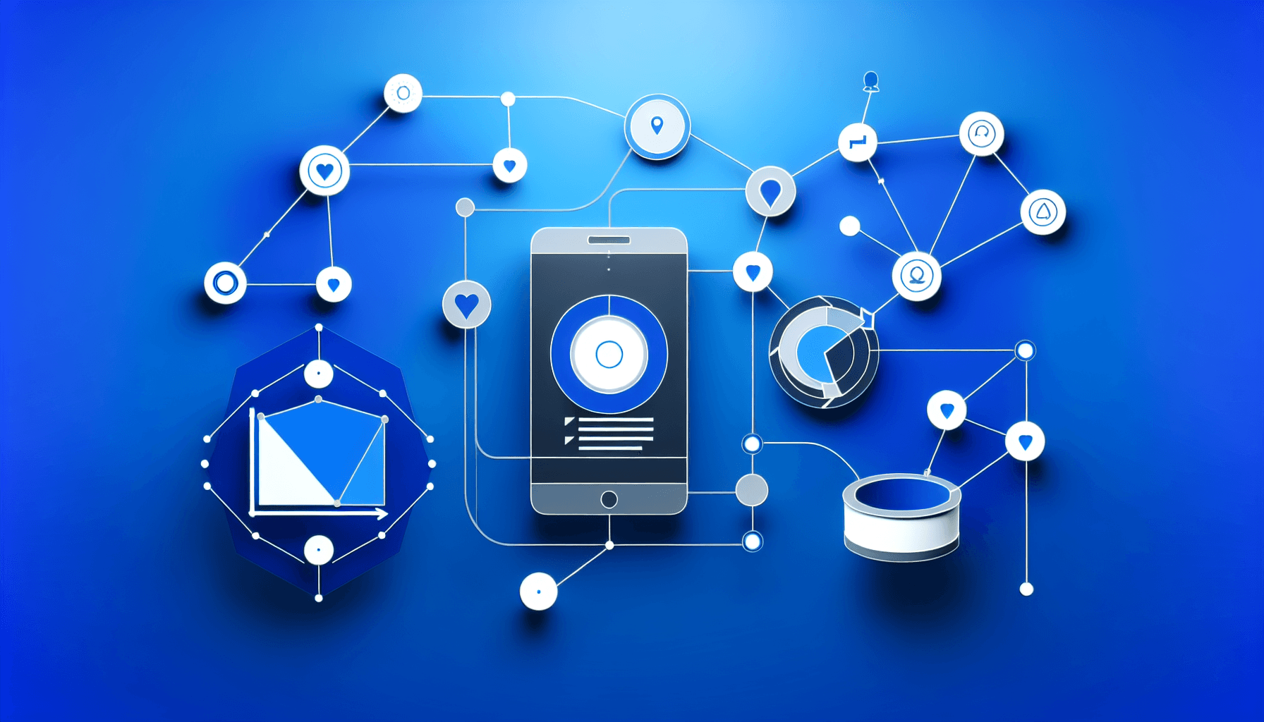 Abstract dashboard visualization of mobile app campaign optimization with interconnected nodes and attribution metrics