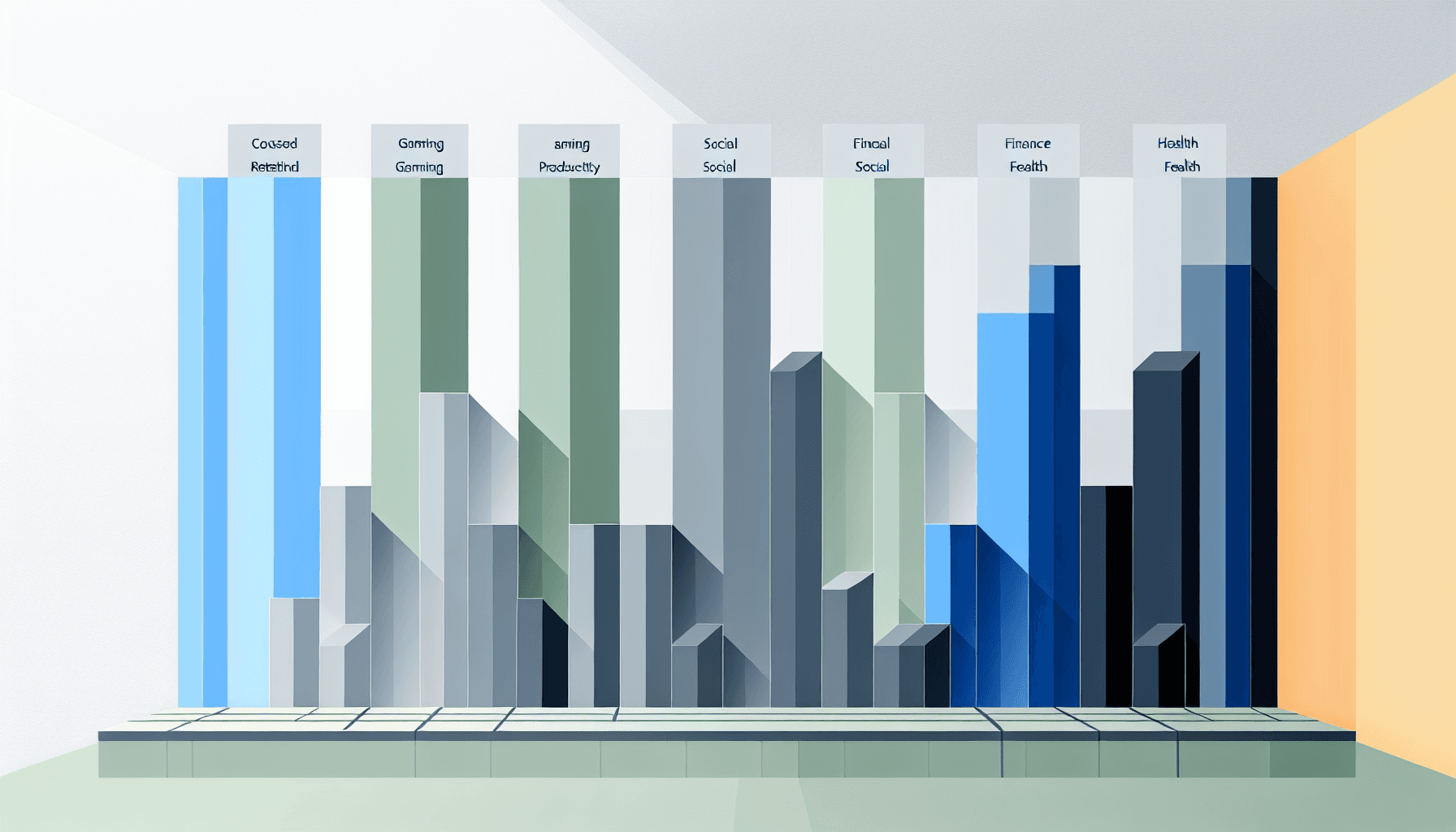 Cohort retention comparison chart displaying retention rate benchmarks across mobile app categories including gaming, productivity, finance, and health applications