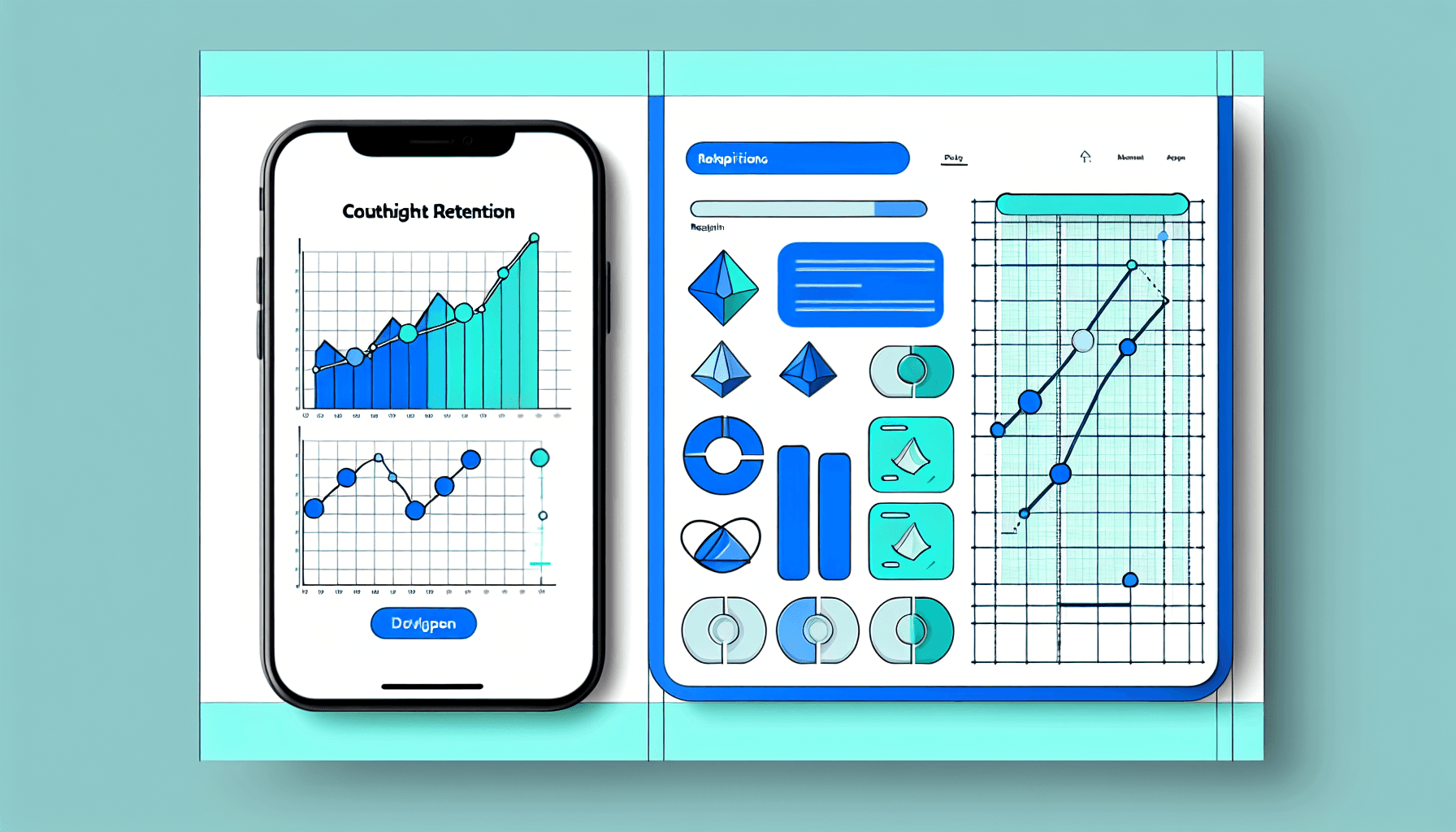 Mobile app cohort retention analytics dashboard illustration showing retention curves, line graphs, and data metrics on a smartphone screen