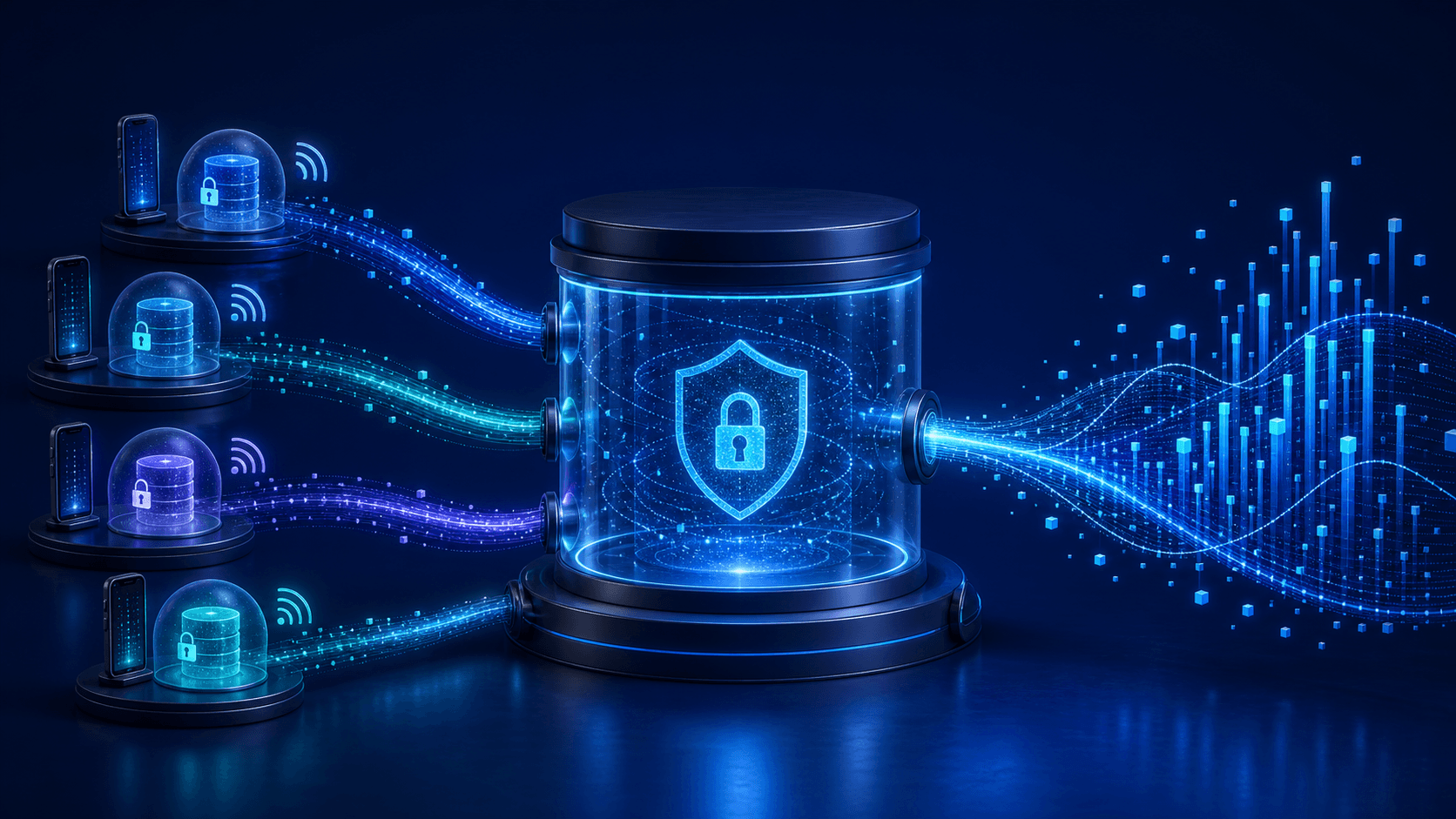 Separate mobile data sources feeding a protected collaboration chamber and unified measurement output