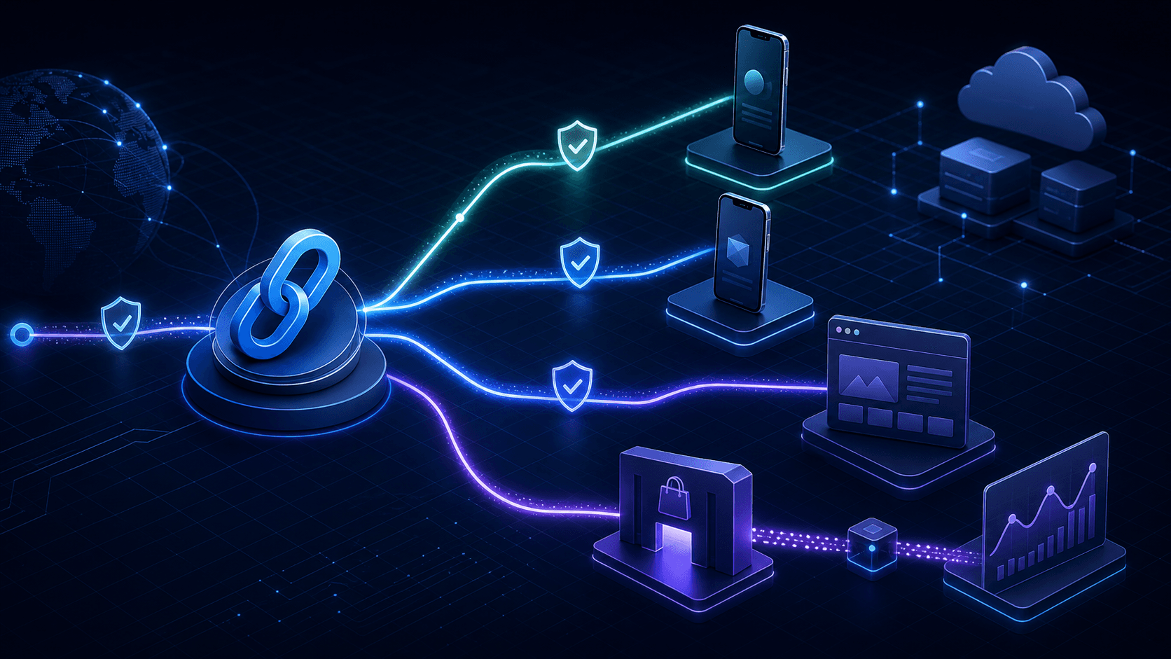 A branded HTTPS link branching into verified app routes, web fallback, and post-install measurement