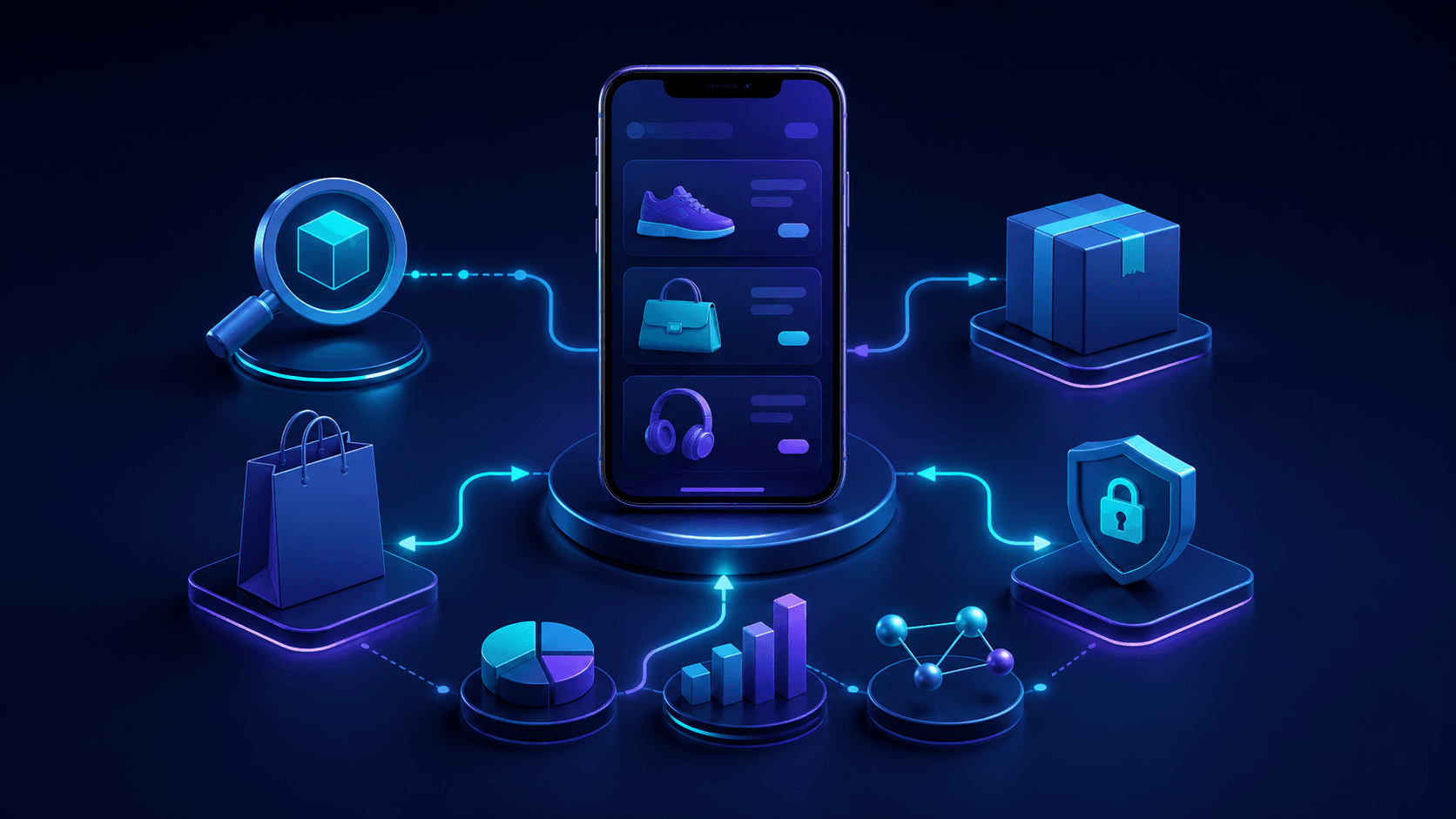 A mobile shopping journey connecting product discovery, payment, delivery, and revenue measurement