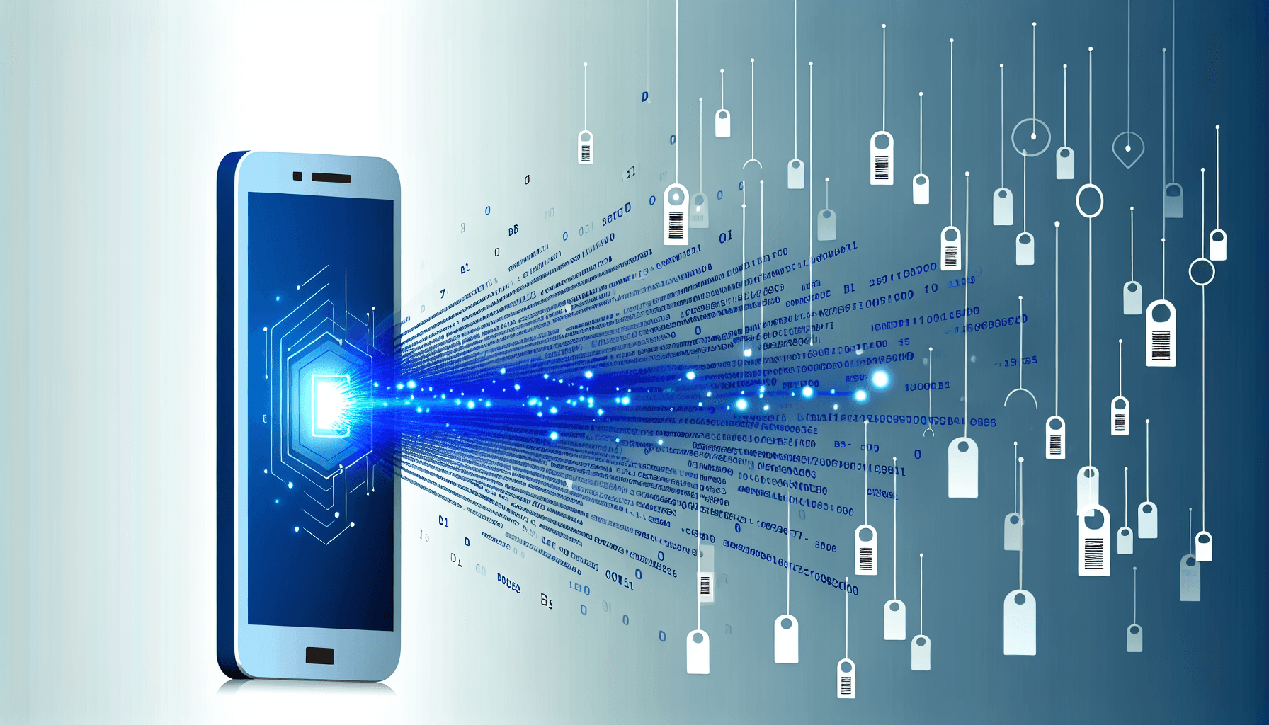 Illustration of a smartphone displaying device ID code with flowing data connections, representing mobile app tracking technology