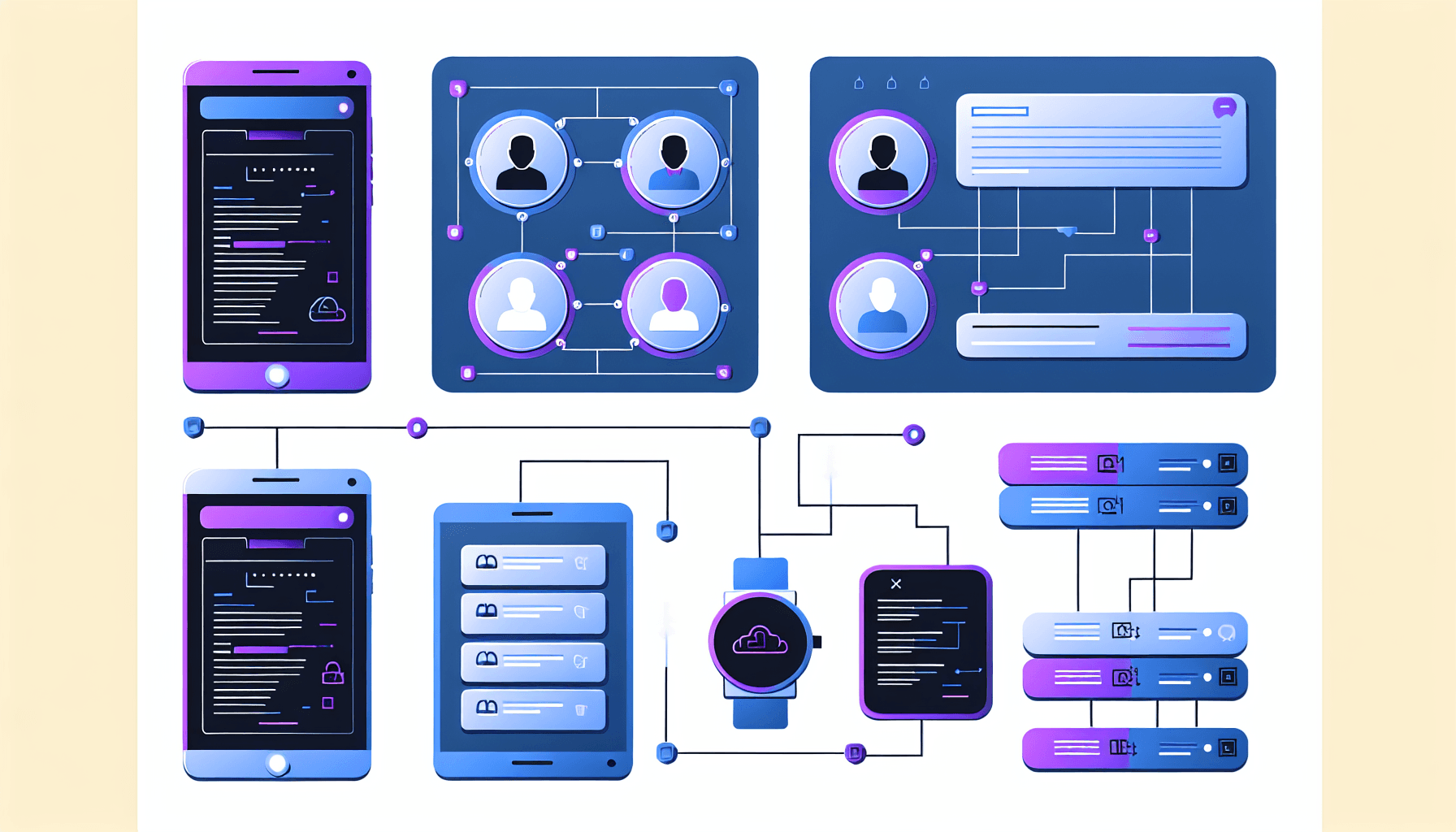 Minimalist flat design showing interconnected mobile devices with glowing device ID nodes and data flow, representing how to identify and retrieve device IDs