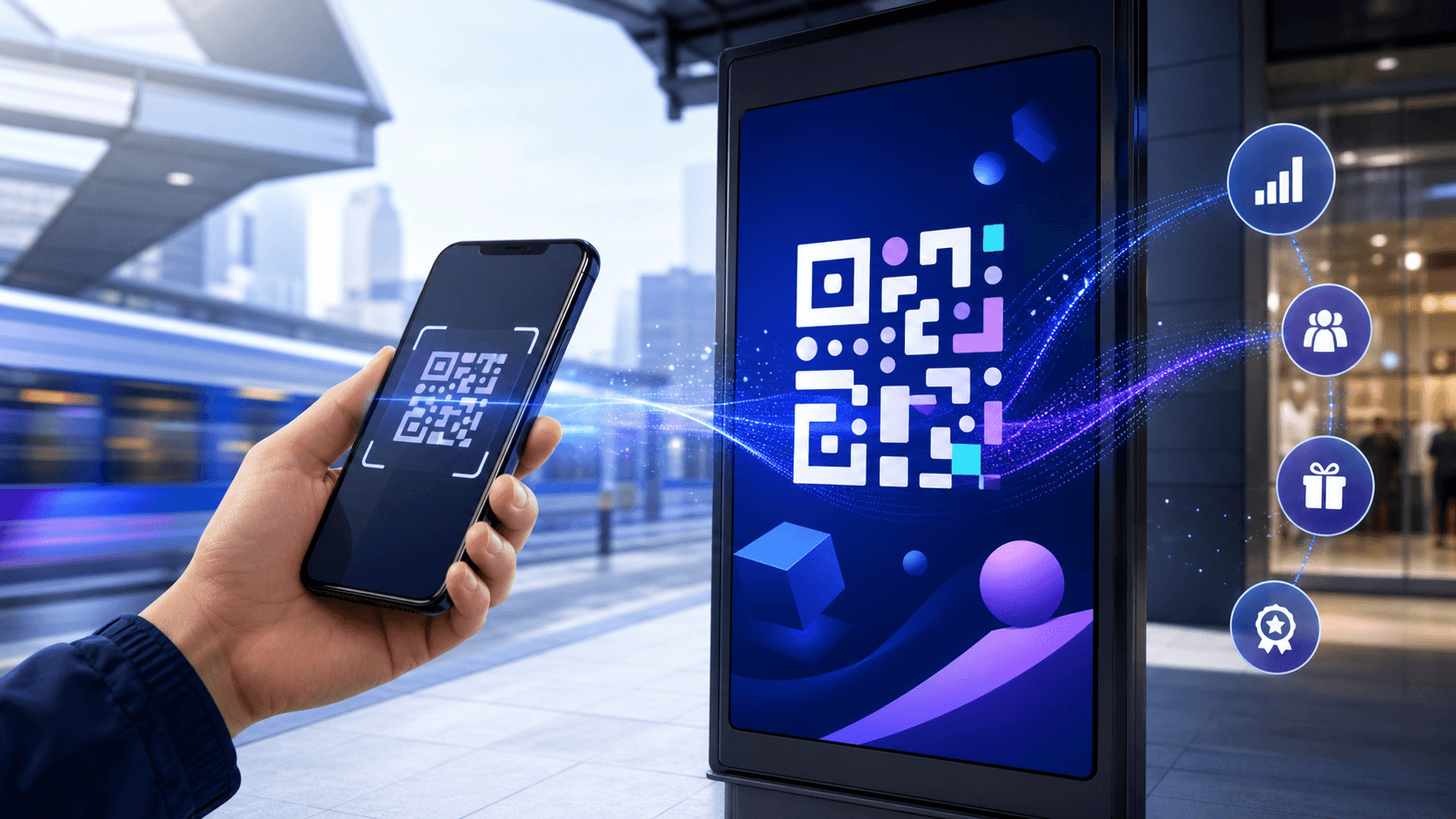 A smartphone scanning a QR code ad in a modern transit setting