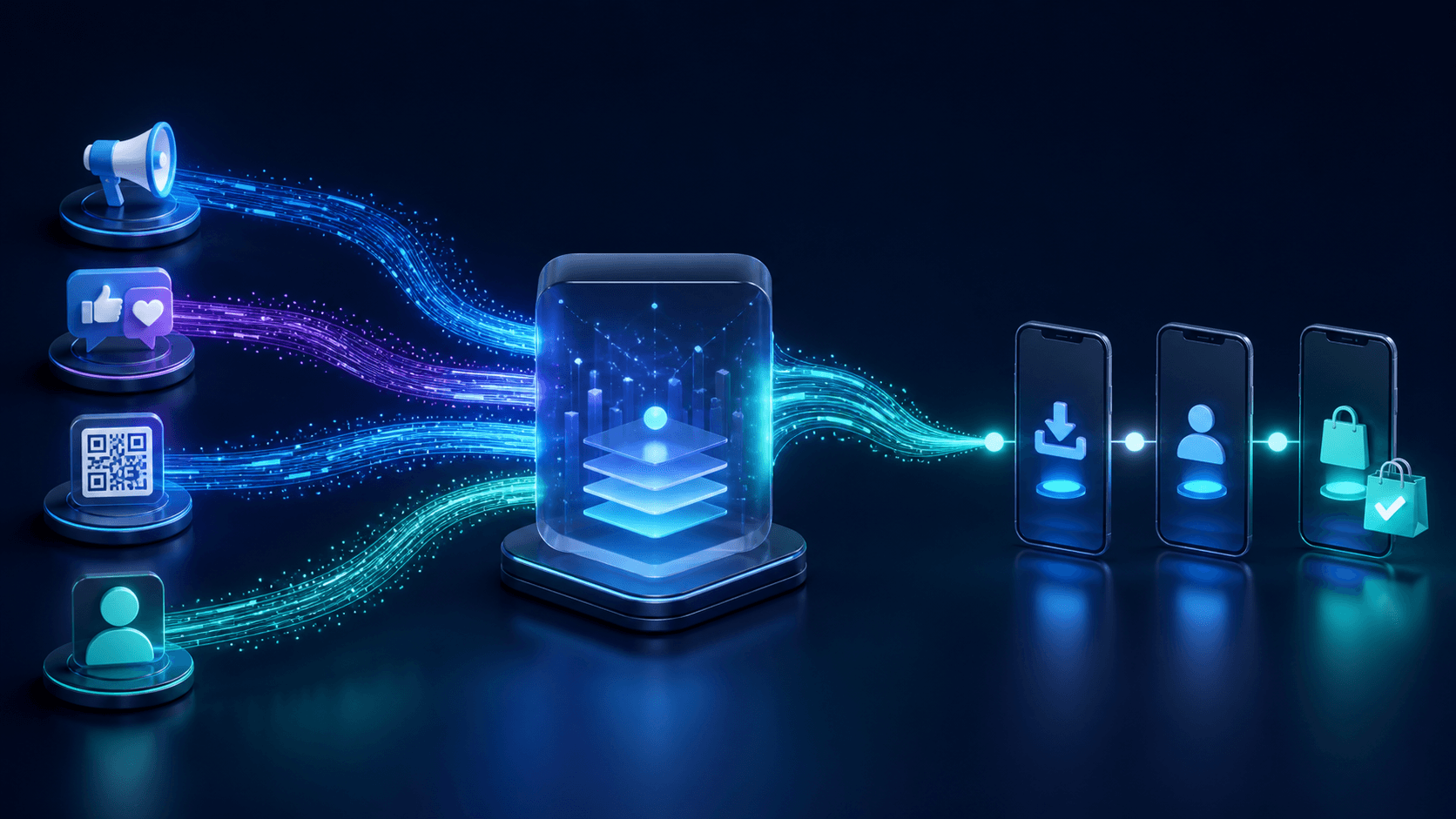 Mobile campaign signals flowing through a neutral measurement layer into one attributed app journey