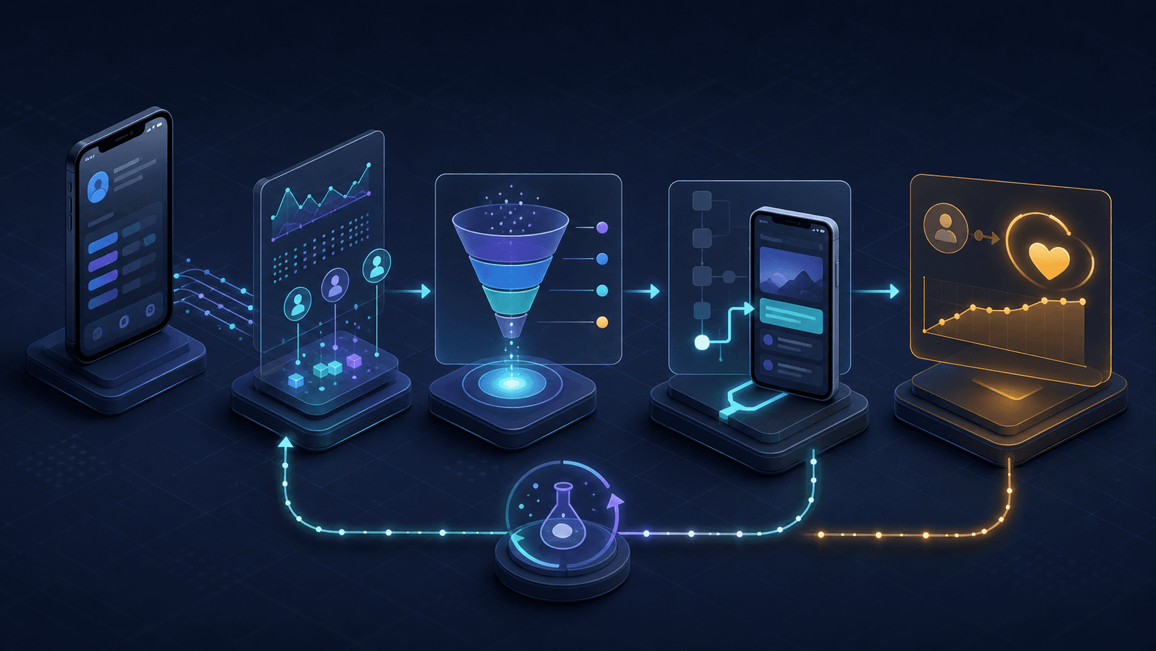 An engagement workflow measures events, diagnoses drop-off, routes users to value, and tests retention