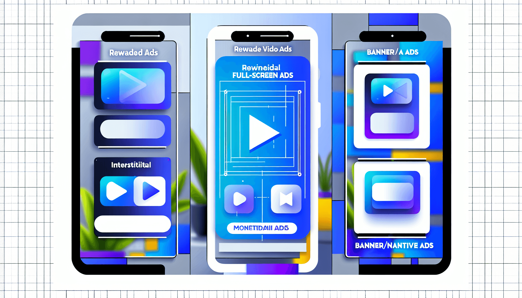 Mobile app AVOD ad formats including rewarded video, interstitial, and banner ads displayed on smartphone screens in a clean, minimal design