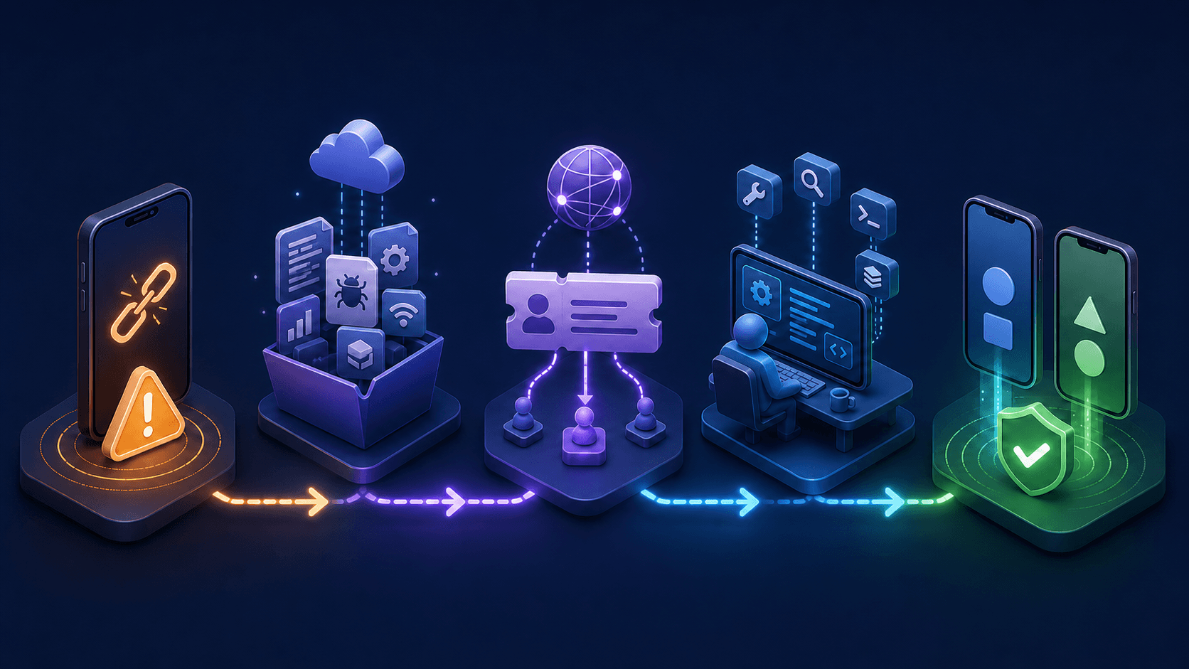 A five-stage workflow from a broken mobile link to a verified resolution