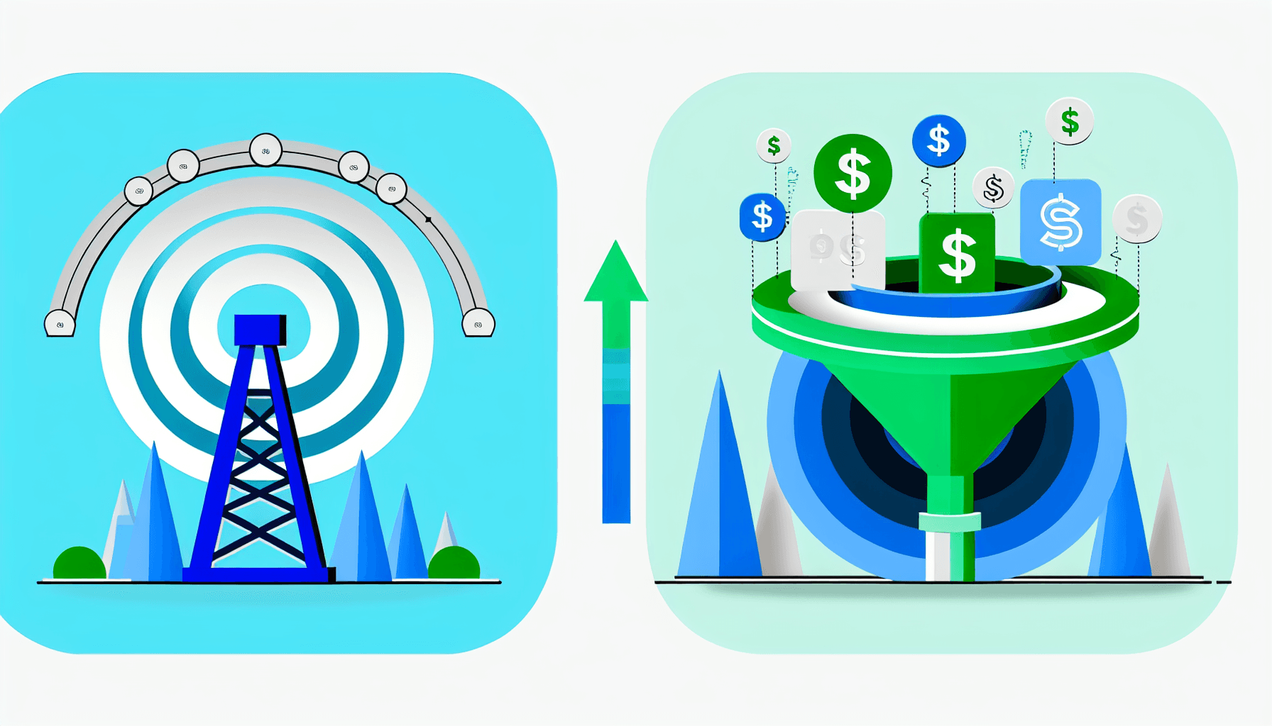 Flat design diagram comparing gross rating points reach circles with mobile app revenue conversion funnel showing ROAS metrics side by side