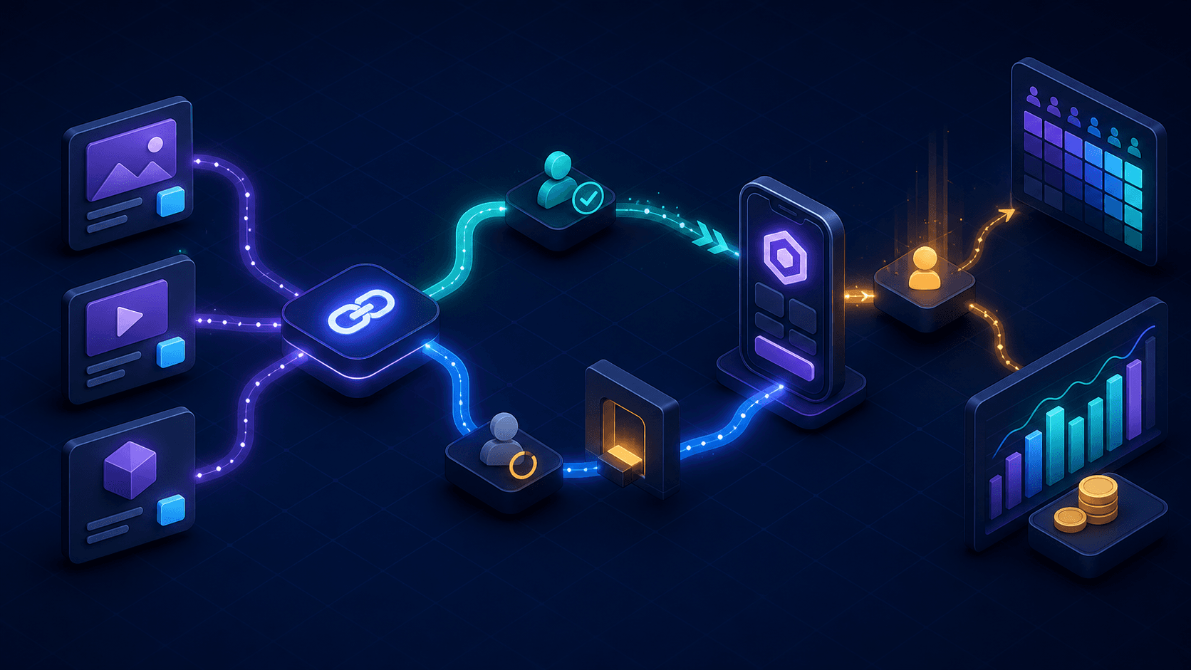 A measured mobile promotion loop connecting creative, deep-linked destinations, activation, and cohort results