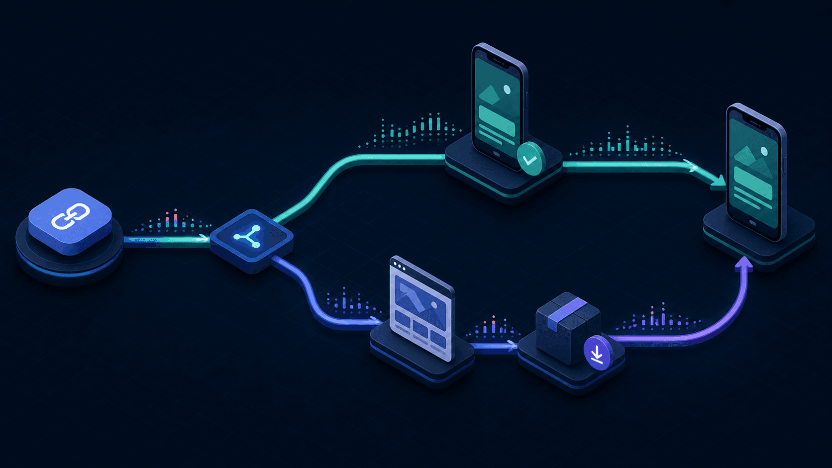 A resilient link routes installed users directly and preserves intent through web and install fallbacks