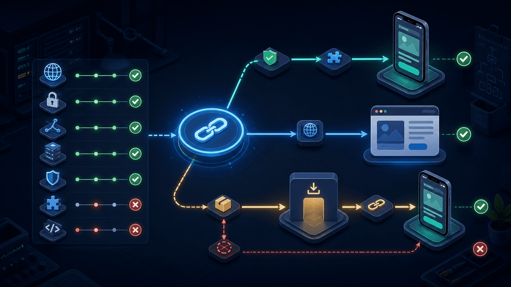 A Universal Link test matrix separates installed-app, web fallback, and deferred-install routes