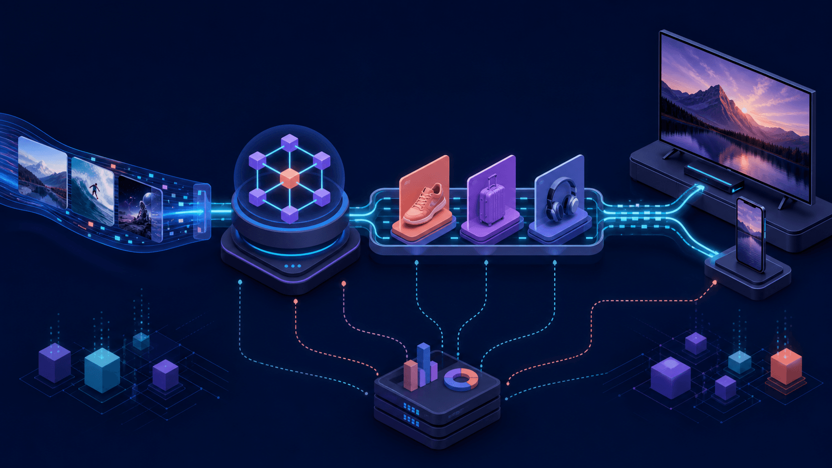 Streaming content and ad cards flow through orchestration to connected devices and analytics